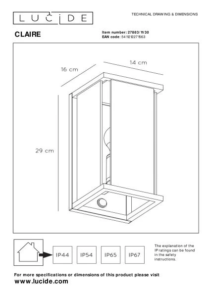 Lucide CLAIRE - Wandlamp Binnen/Buiten - 1xE27 - IP54 - Beweging & dag/nacht sensor - Antraciet - technisch